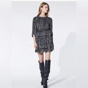 Iro Cuzco Pleated Black and Gold Holiday Party Metallic Minidress size 38.